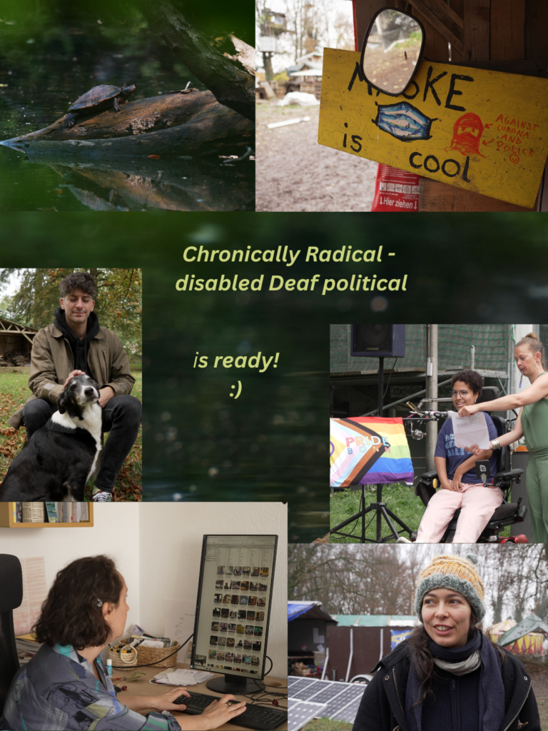 chronically radical disabled Deaf political is ready :) foto collage with film stills: a tortoise in a beautiful dark green lake, a shield" mask is cool, against corona and police", a white person stroking a cute dog, a black person with very curly hair next to a pride flag, a whiteperson in front of a computer screen, a white person in front of solar pannels